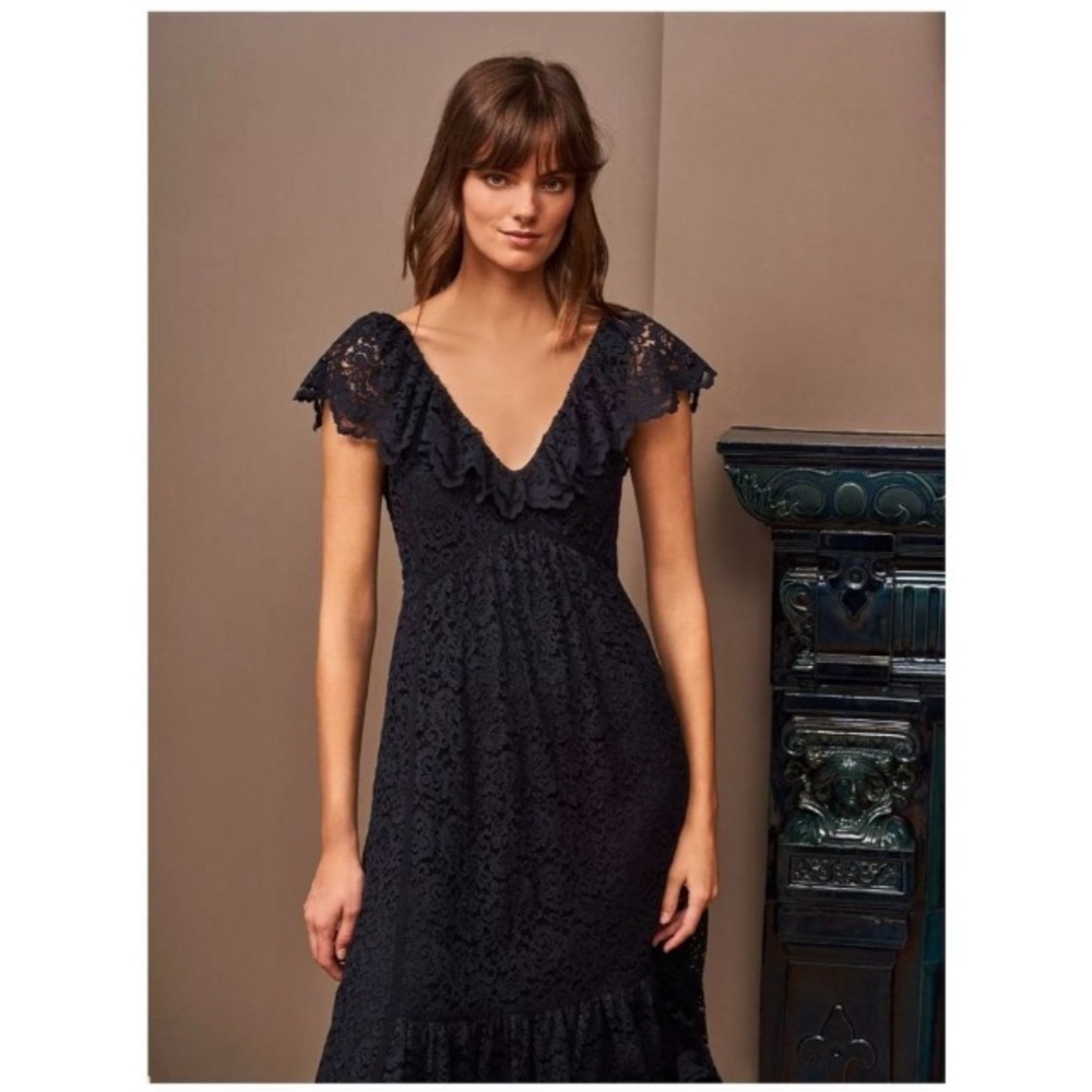 La Ligne Dress D'Été Blue Lace Ruffle Pleated V-Neck Flare Midi Dress